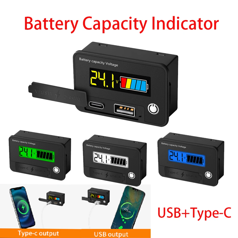 Battery Capacity Indicator Lead-Acid/Lron-Lithium/Ternary Lithium Measurement with USB3.0 and Tpye-C for Car Motorcycle DC8-30V