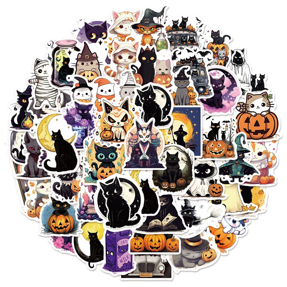 

10/30/50pcs Funny Cute Halloween Black Cat Stickers Creative Cartoon Sticker DIY Notebook Skateboard Phone Classic Kid Toy Decal