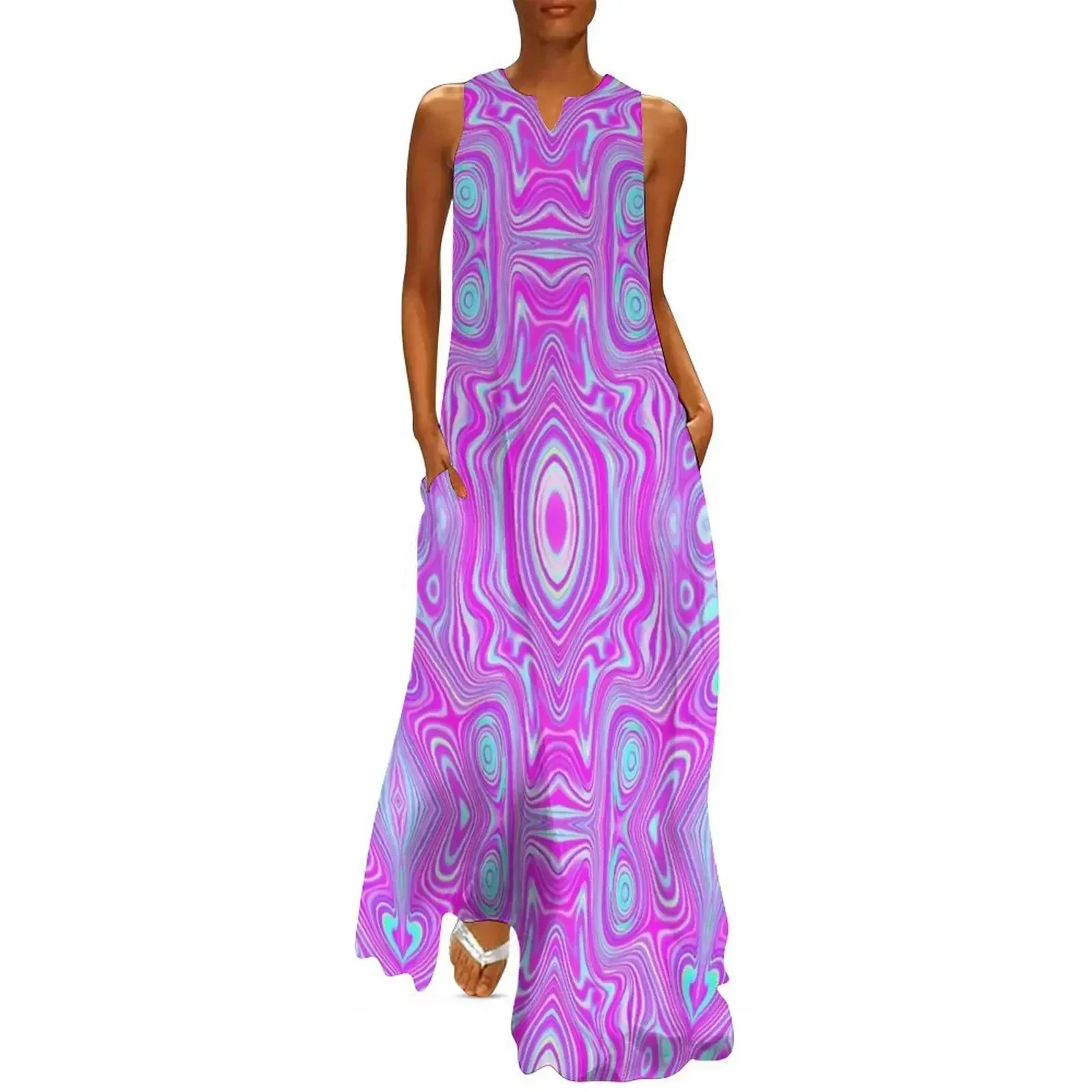 

Trippy Hot Pink and Aqua Blue Abstract Pattern Long Dress Women's dresses Dress