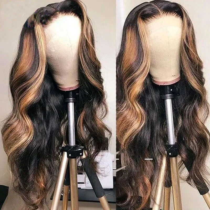 

26Inch Long 180Density Glueless Soft Preplucked Highlight Body Wave Lace Front Wig BabyHair Heat Temperature Daily Cosplay