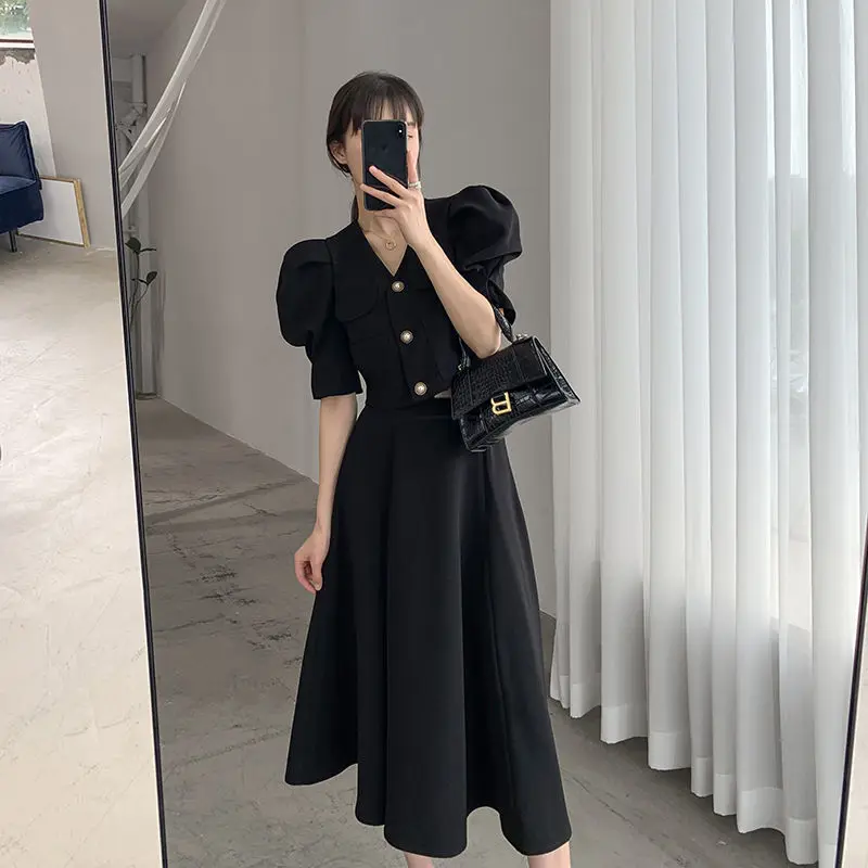 Summer Elegant Black Two Piece Dress Sets Retro Womens Outifits Puff Sleeve Crop Top+A Line Skirts Korean Fashion Hepburn Suit