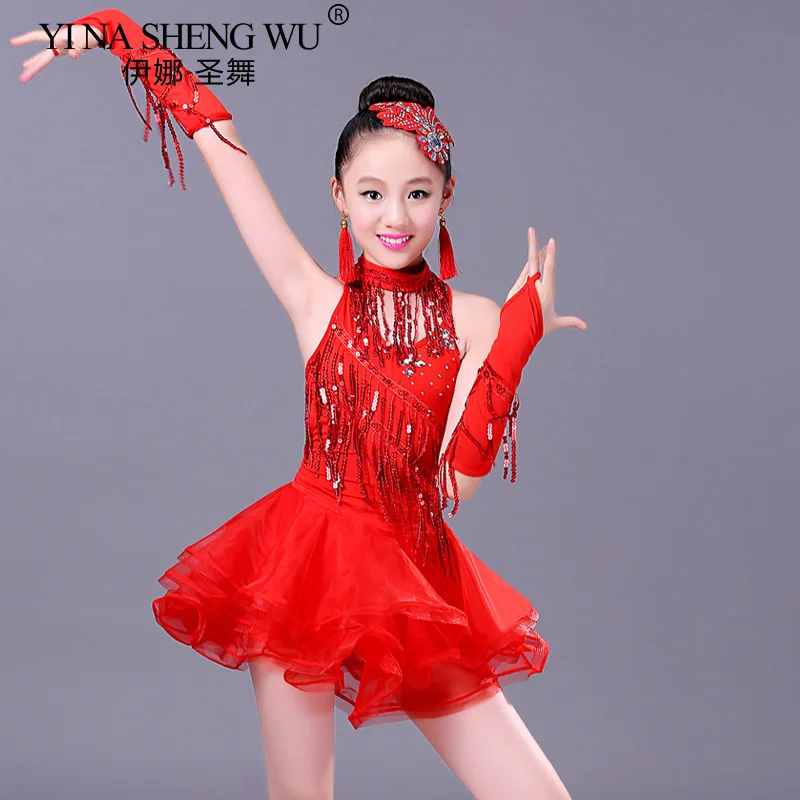 Latin Dance Skirt Children\'s Tassel Stage Performance Costume Girl\'s Latin Competition Sequins Tassel Dance Practice Clothing