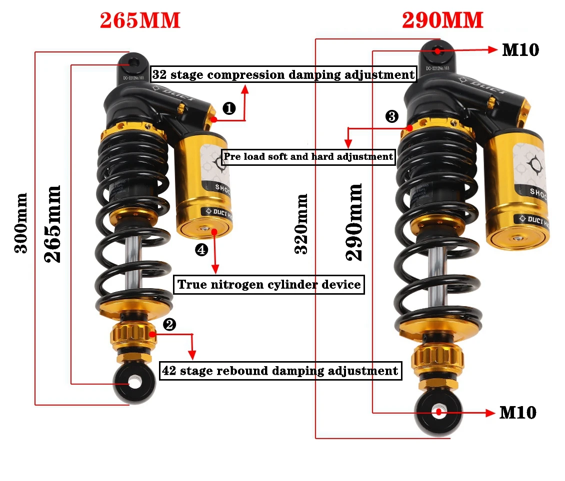 265 290mm Motorcycle Shock Absorber Rear Suspension Damping Hydraulic Oil GAS Adjust For Niu Ninebot Scooter Dirt Bike ATV Quad