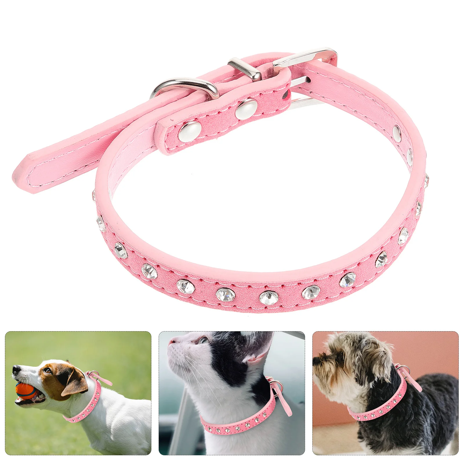 

Adjustable Pink Pet Collar Size S 58x148in Durable PU Rhinestone Decor Alloy Buckle D-Ring for Dogs Cats Pet Collar