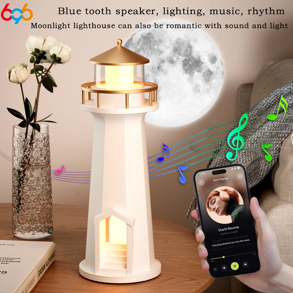 Night Light Moon Lamp Projection Lighthouse Lamps APP Control Blue Tooth Music Speaker Ambient Lights Birthday Festival Gift