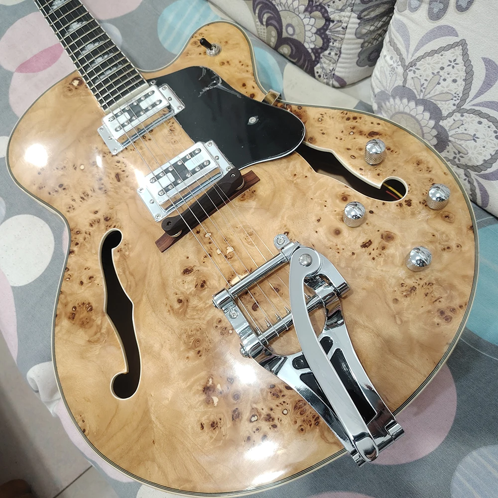 High quality natural wood color rotten wood top electric guitar, large vibrato system, in stock and fast shipping