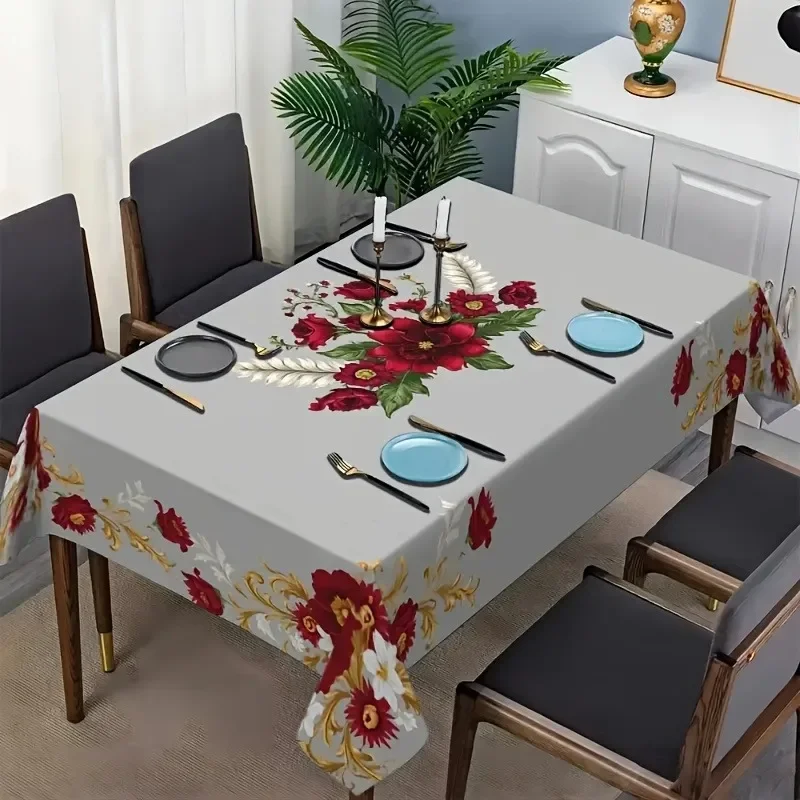 1pc Elegant Floral Rectangular Tablecloth - Featuring Red Petunias and Green Leaves on a White Backgroundxzj