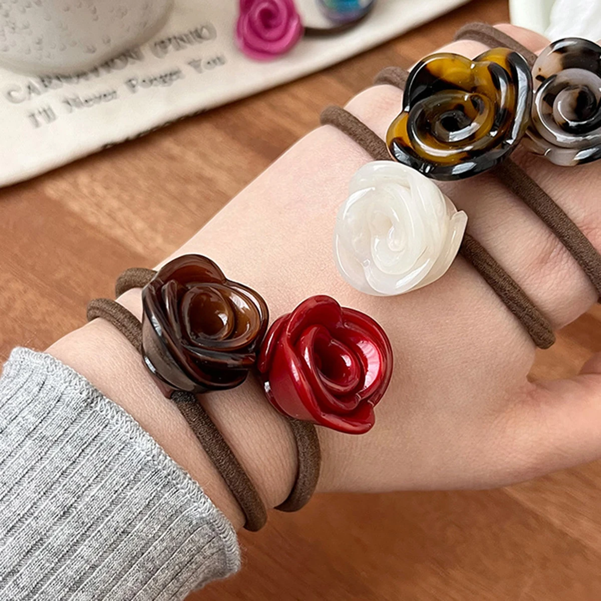 Acetate French Rose Scrunchies Women Retro Flower Elastic Hair Band High Horsetail Hair Rope Fashion Headwear Hair Accessories