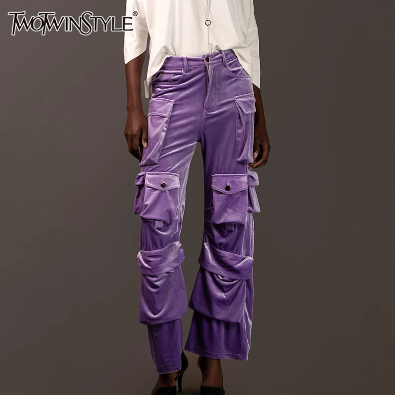 

TWOTWINSTYLE Patchwork Pockets Solid Wide Leg Pants For Women High Waist Spliced Button Streetwear Cargo Pant Female Fashion New