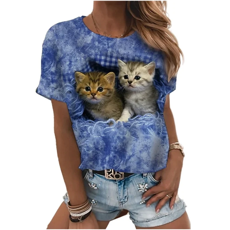 

Women's cute kitten pocket print short-sleeved T-shirt, casual summer loose round neck plaid tie-dye pattern cute animal print