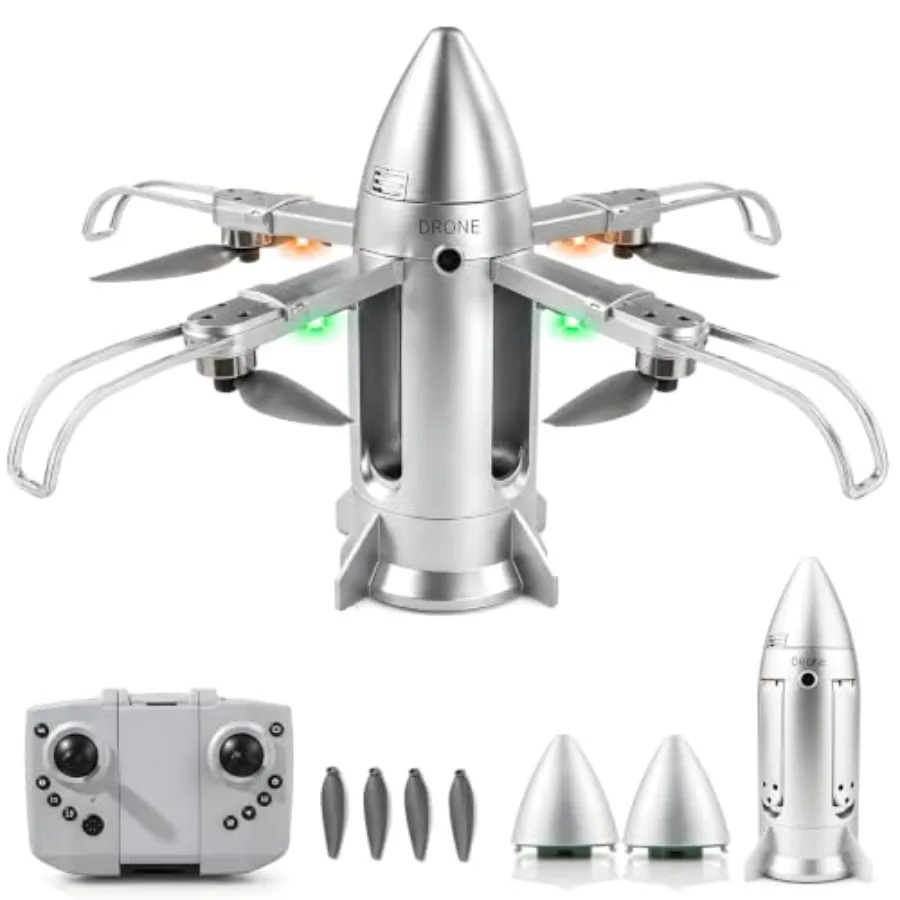 Outdoor RC rocket drone for kids: foldable aircraft toy with mist spray, 2.4GHz control, 2 rechargeable batteries, blue-red col