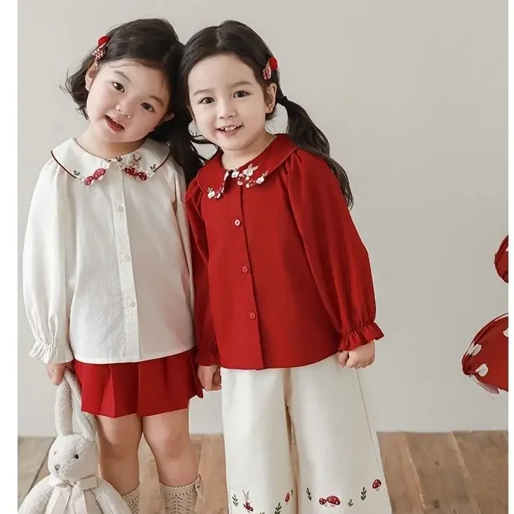 Girls Three-dimensional Embroidered Lapel Shirt 2024 Autumn Fungus Flower Blooming Pleated Cuffs Casual Doll Collar Top