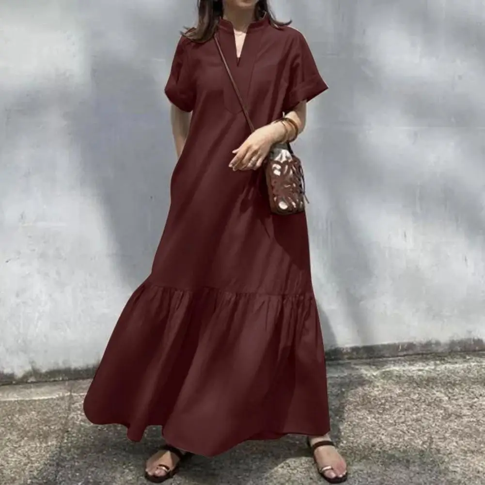 

Women Maxi Dress Elegant Stand Collar Maxi Dress with Side Pockets Women's A-line Swing Dress with Pleated Patchwork for Women