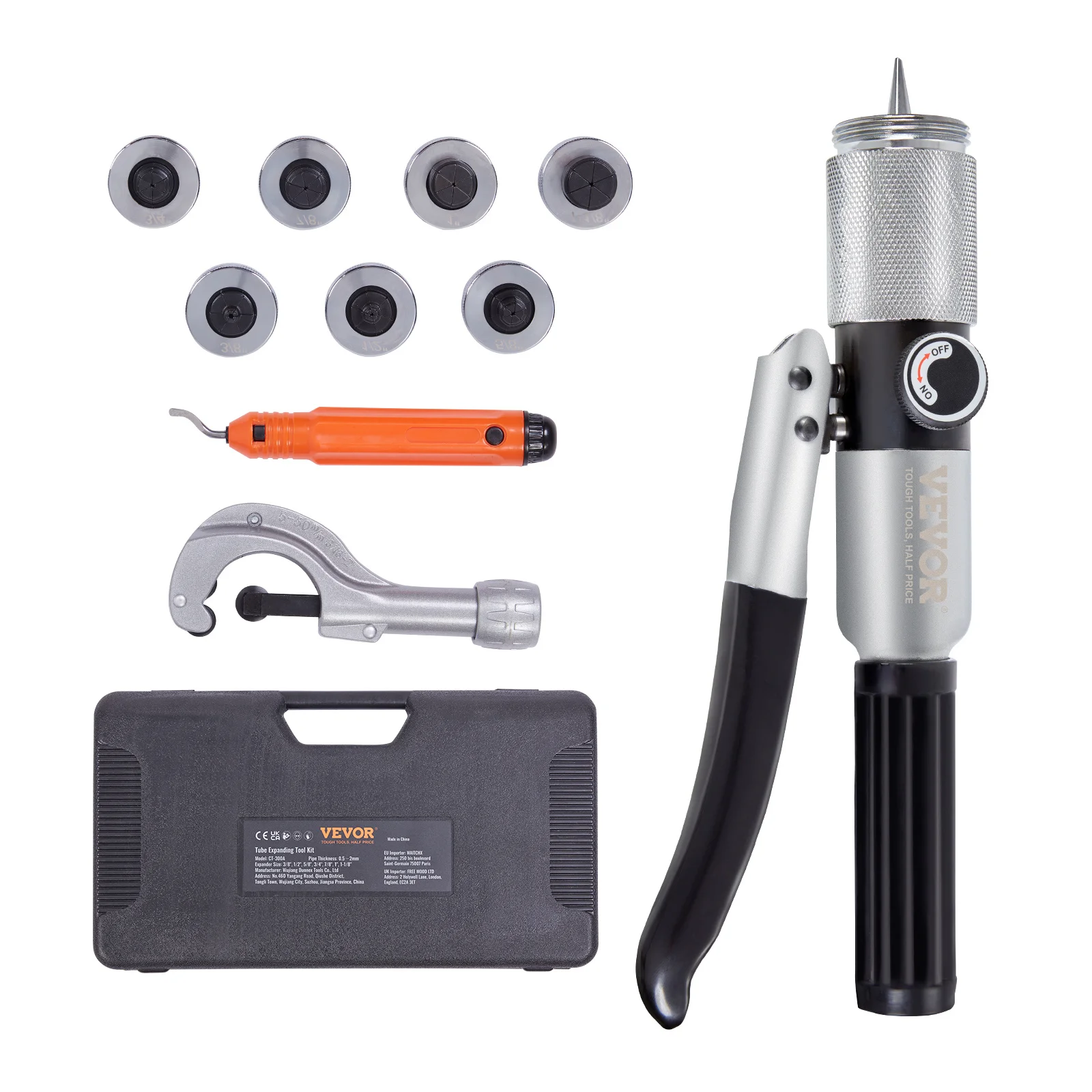 

VEVOR Hydraulic Tube Expander, 3/8" to 1-1/8" OD, HAVC Hydraulic Swaging Tool with 7 Pipe Expander Heads, Deburring Tool, Pipe Cutter for Copper Aluminum Brass Soft Steel Pipes