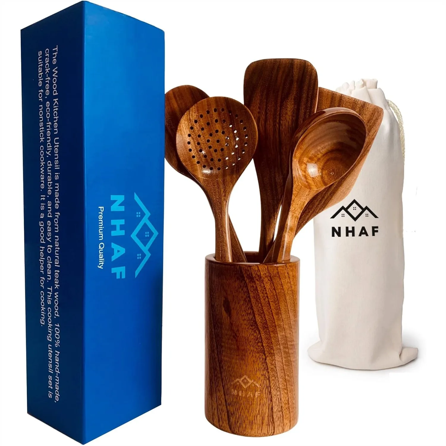

Teak Wooden Spoons Set with Holder, Eco-friendly Nonstick Utensils for Cooking, Ergonomic Durable Kitchen Gifts