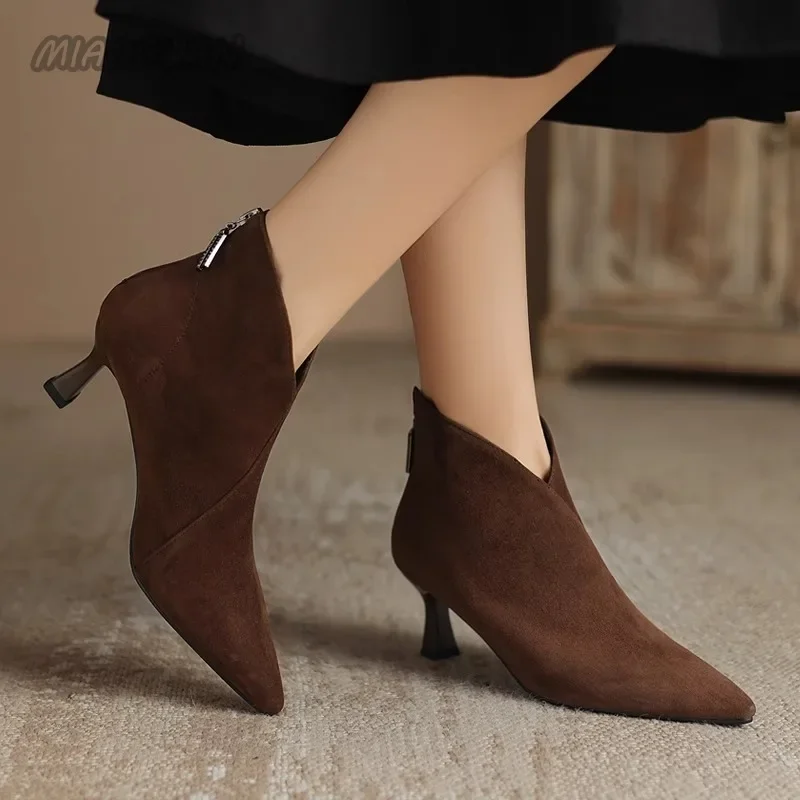 Pointed Toe Booties Elastic Suede Short Shoes for Women Elegant with Low Heels Female Ankle Boots Autumn Solid Botines Footwear