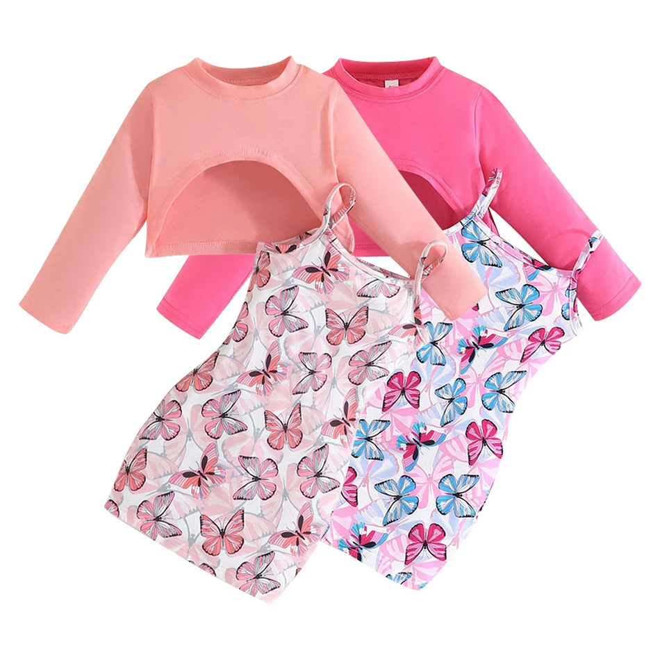 Girls Trendy Playful Two Piece Set with Butterfly Print Dress and Top Children Set Suitable Spring Outings and Family Gatherings