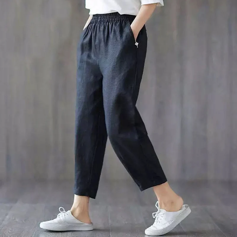 Rimocy Summer Loose Cotton Linen Pants Women Casual Elastic High Waist Harem Pants Woman 2024 Thin Ankle Length Trousers Womens