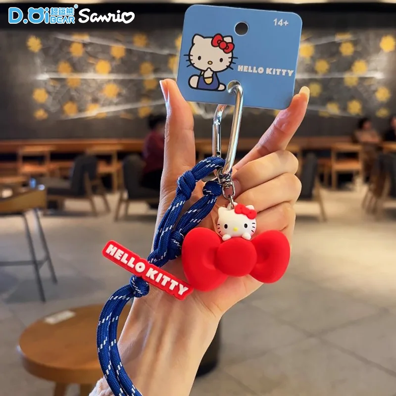 Genuine Hello Kitty Bow Knot Rope Keychain Red Charm Purple Lanyard Carabiner Bag Pendant Anime Figures Gift For Friends Family