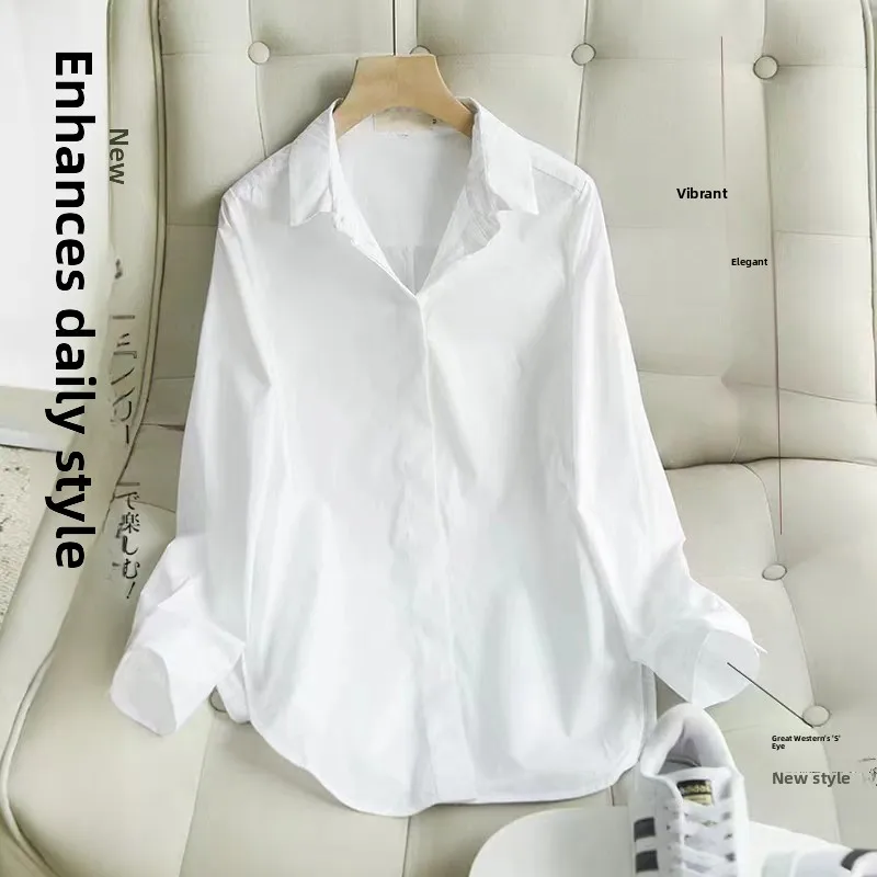 

White Cotton Blend Busin Casual Loose Long Sve irt Women's Korean Sle Faionable Inner Wear Straight Cut Commute S...