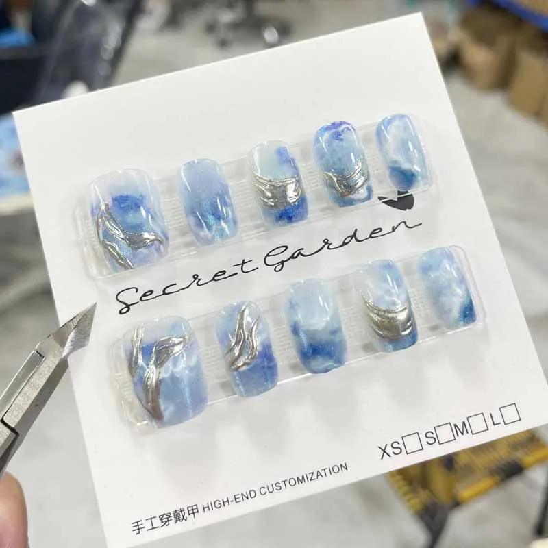10 Pcs Blue Gilding French Cat Eye Press on Nails Nail Art Ancient Style High-end Short Style Full Cover Detachable Nail Tips