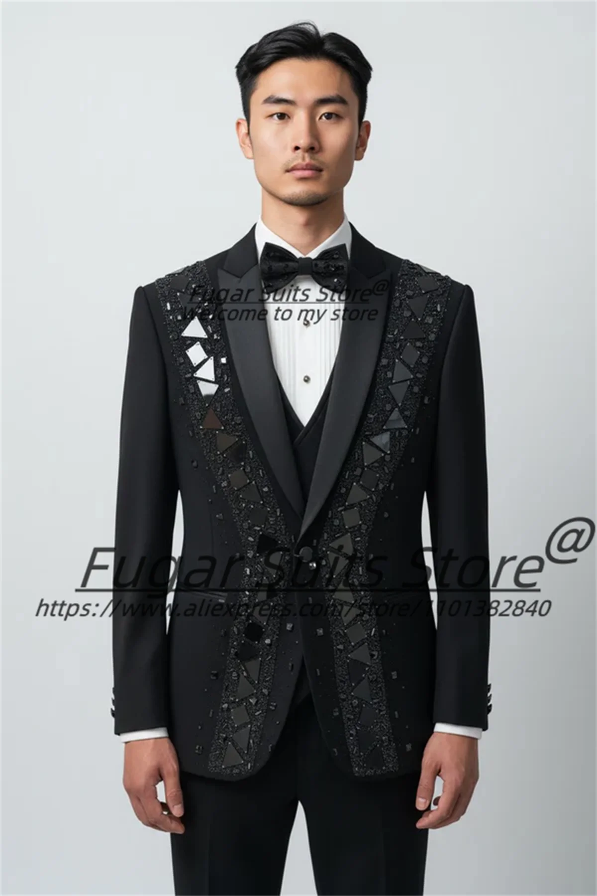 

Роскошные черные костюмы с кристаллами и стразами для выпускного вечера, индивидуальный пошив, для красной дорожки, 3-х предметные комплекты, мужские костюмы.