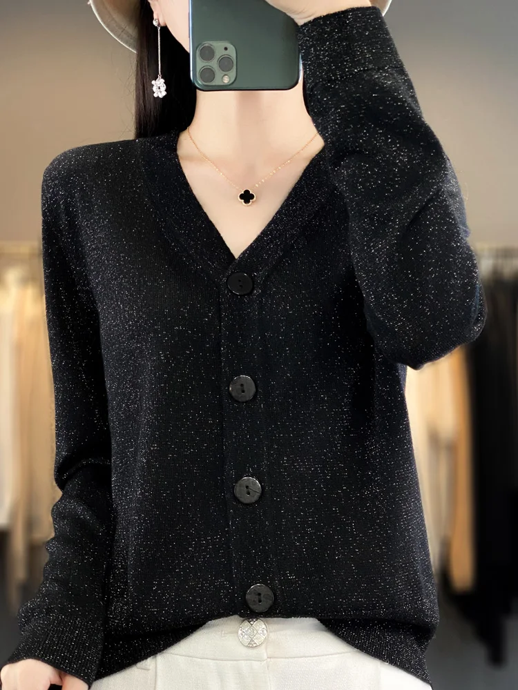 2024 gold and silver silk worsted wool cardigan V-neck knitted cardigan loose casual coat single breasted sweater short sweater