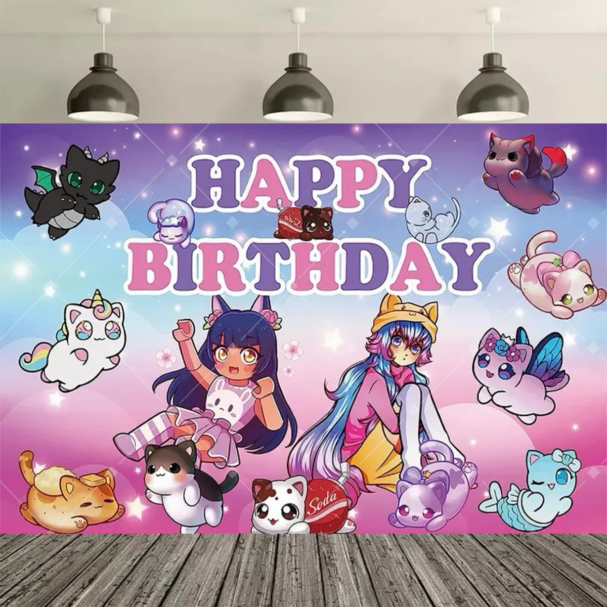 Niedlicher Aphmau-Katzen-Geburtstagshintergrund, Cartoon-Kätzchen-Geburtstagsbanner für Kinder, Mädchen, Geburtstagsparty, Fotodekoration – Detail 3