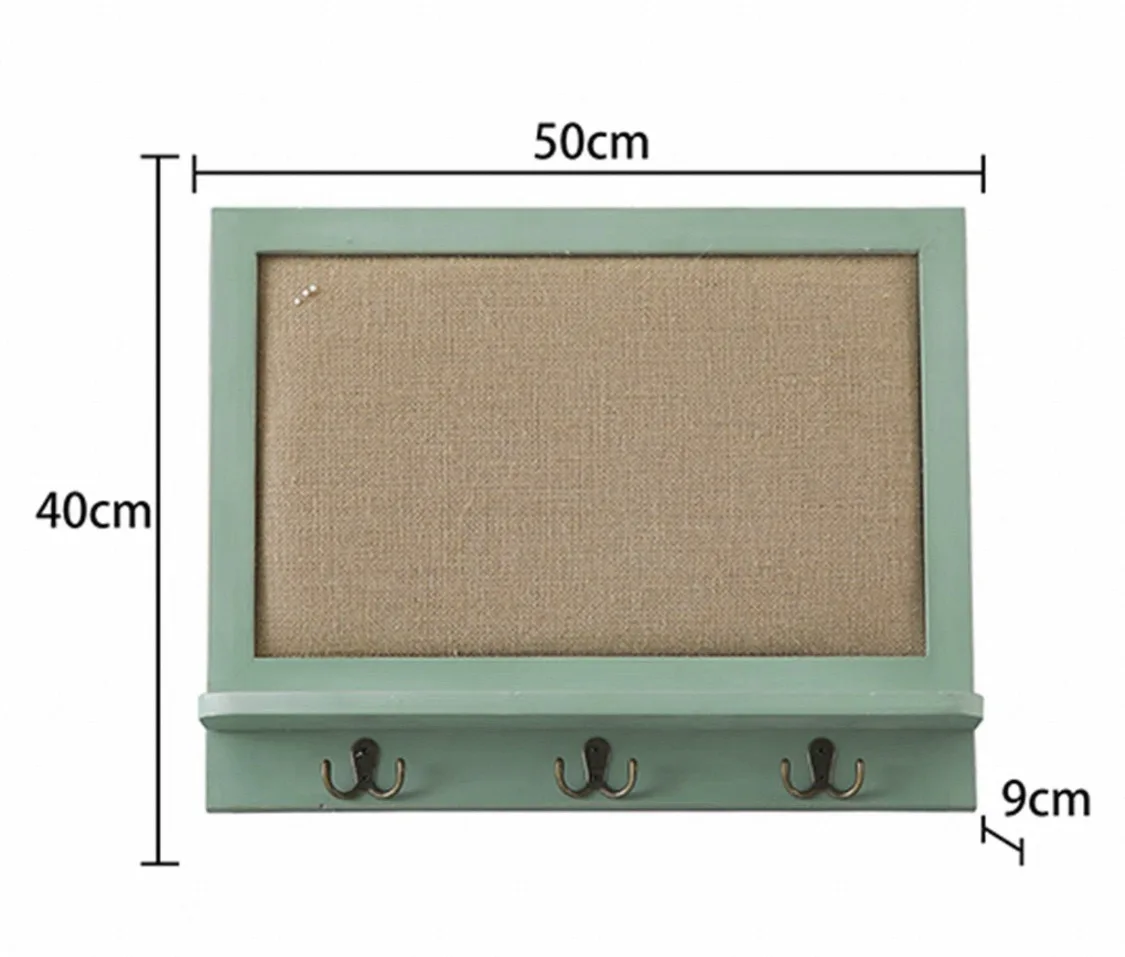 French Country Wall Organizer with 3 Double Hooks, Vintage Mint Green MDF Frame, Burlap Panel & Small Shelf 50x40cm