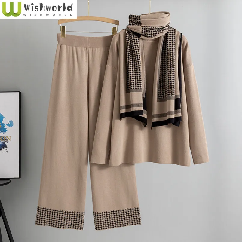 

Fashion Temperament Set Women's Autumn and Winter Shawl High Neck Sweater Loose Wide Leg Pants Casual Three Piece Set