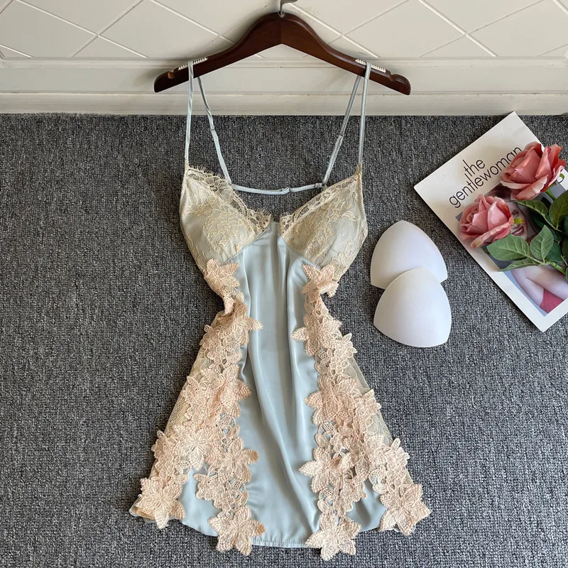 Sexy Lace Hollow Out Nightdress Sleepwear Summer Women Suspender Nightgown Robe Casual Silky Satin Home Dress Lounge Wear