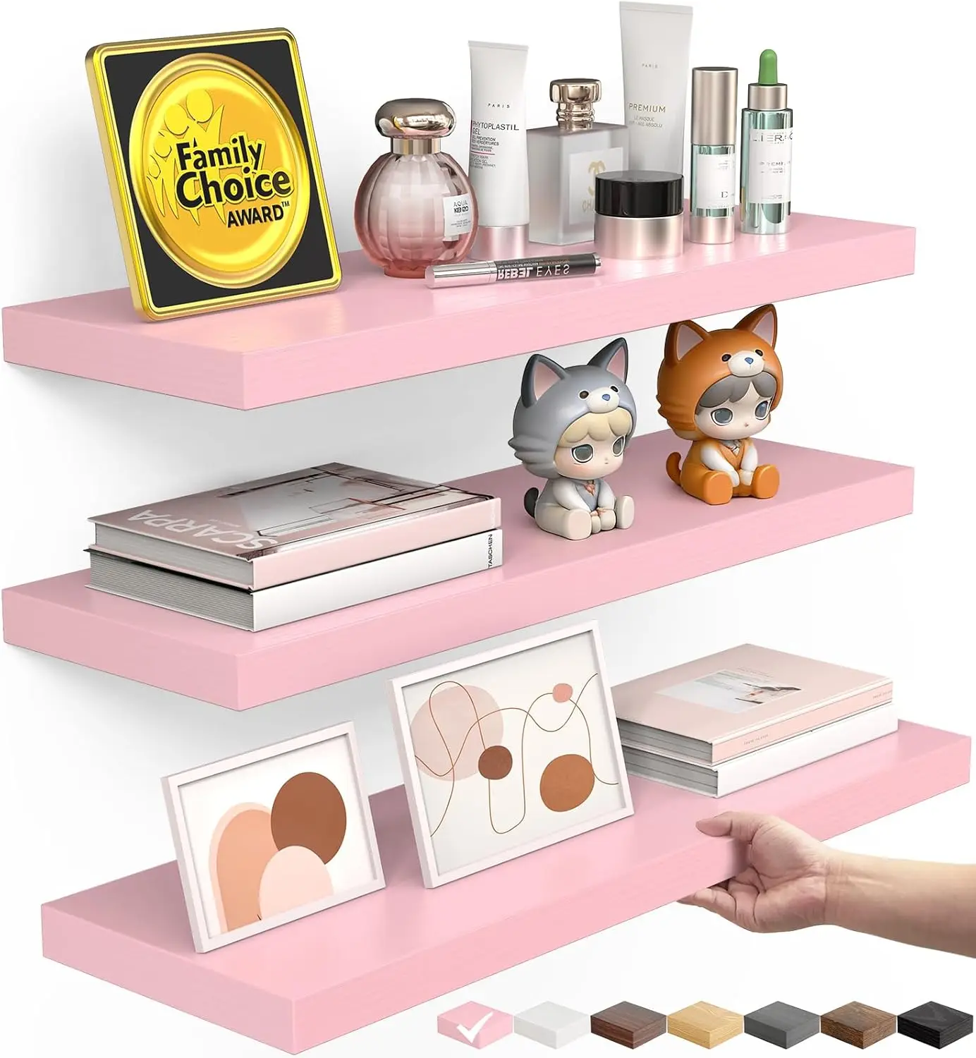 

Pink Floating Shelves for Wall Set of 3, 15.7in Wood Wall Shelves for Bathroom, Bedroom, Living Room Decor Organize, Ha