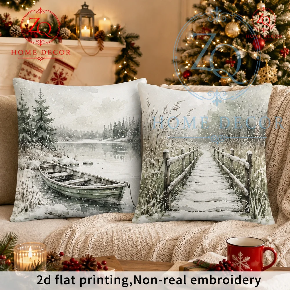 Vintage Winter Lake Wooden Boat Throw Pillow Cover Rustic Watercolor Snowy Landscape Cushion Case Christmas Farmhouse Home Decor