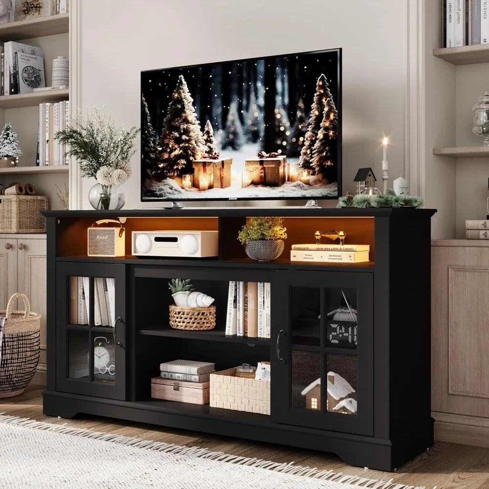 

TV Stand for 65 Inch TV, 32" Tall Entertainment Center with LED Lights and Glass Door Storage Cabinet, Media Console with Adjust