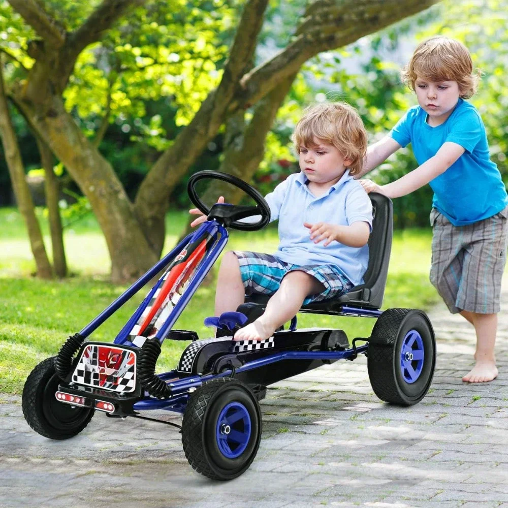 

Go Kart for Kids, 4 Wheel Off-Road Pedal Go Cart w/Adjustable Seat, 2 Safety Brakes, EVA Rubber Tires,Outdoor On Pedal Car