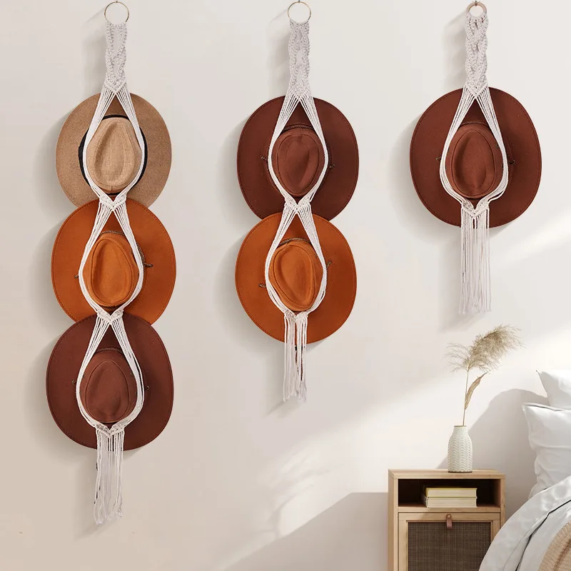 Bohemian Cotton Rope Woven Hat Storage Rack Multi-layer Wall-mounted Storage Clip Hanging Hat Decoration