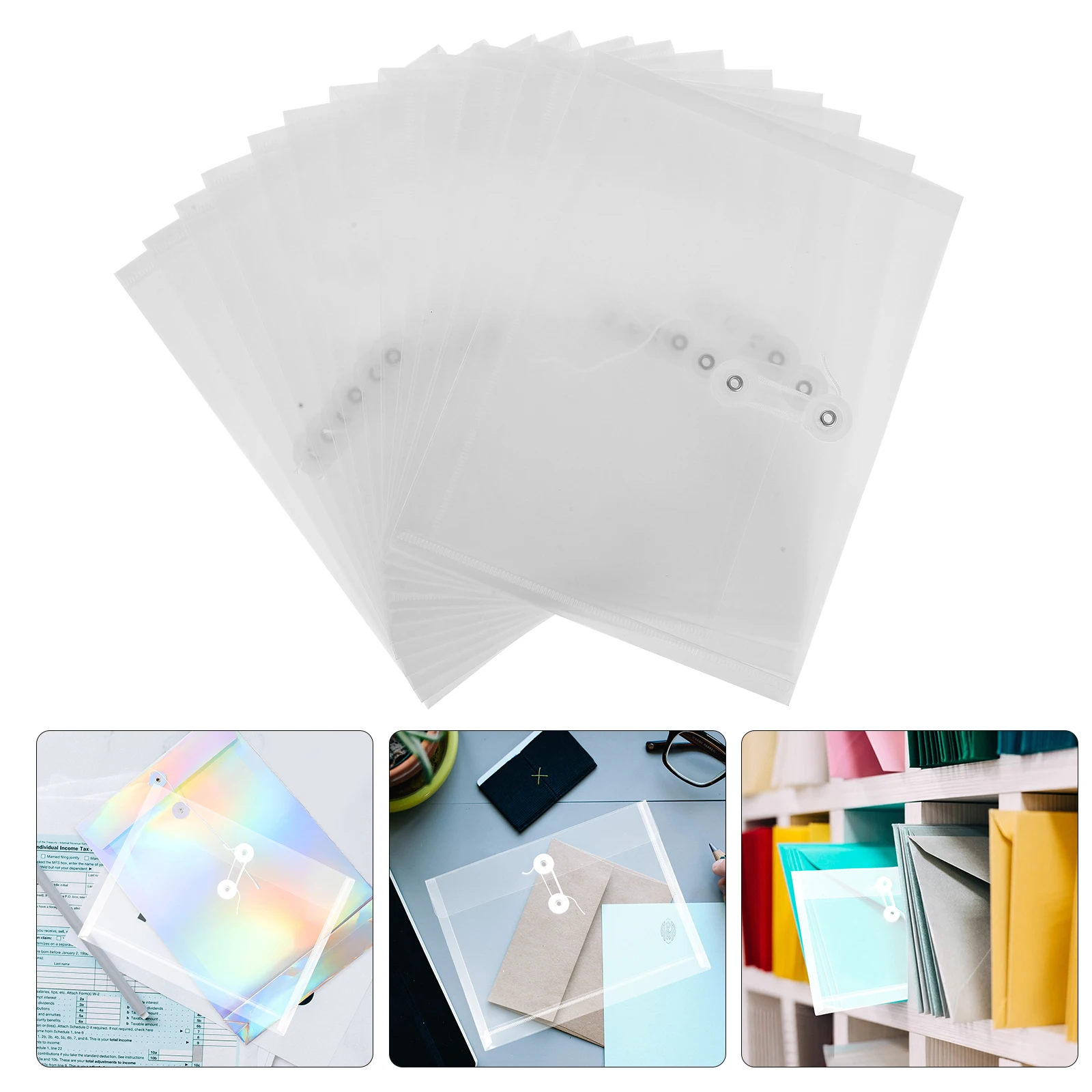 

12pcs Plastic Folder Rope Button Clear Document Bag For Receipts Tickets Storage Office Supplies Organizer Pouch Transparent