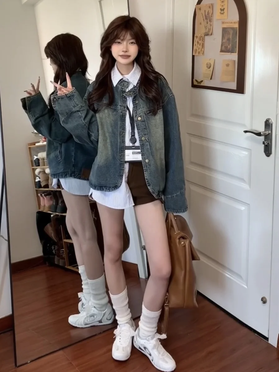 سترات دينم للسيدات للنساء متوسطة لامعة رعاة البقر يؤرخ جلد مطابقة المدرسة البديلة سايبر سبليت معطف الشارع البرتقالي البضائع #5