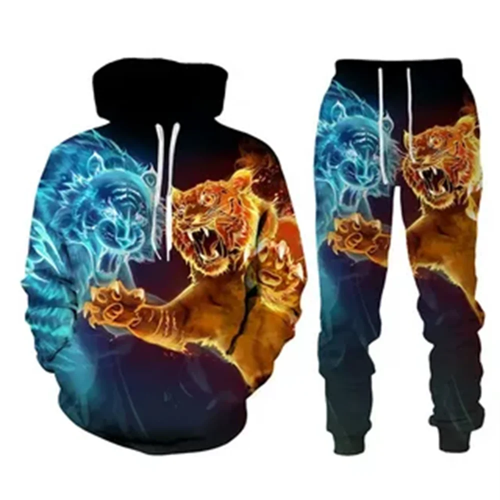 Nuevo Vintage Animal dragón León conjuntos con capucha hombres chándal Y2k 3D impreso Casual sudadera pantalones conjunto ropa informal estilo Hip Hop