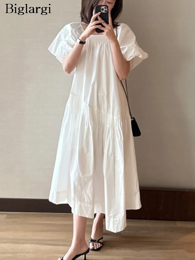 

Summer Square Collar Dress Women Puff Sleeve Fashion Korean Style Ladies Dresses Loose Ruffle Pleated Woman A-Line Dress