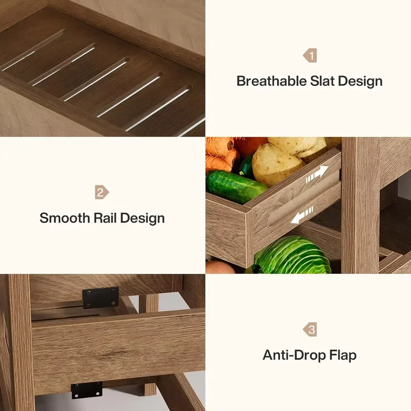 4 Tier Narrow Kitchen Fruit Vegetable Storage Rack with 3 Pull Out Drawers Snack Display Shelf for Living Room