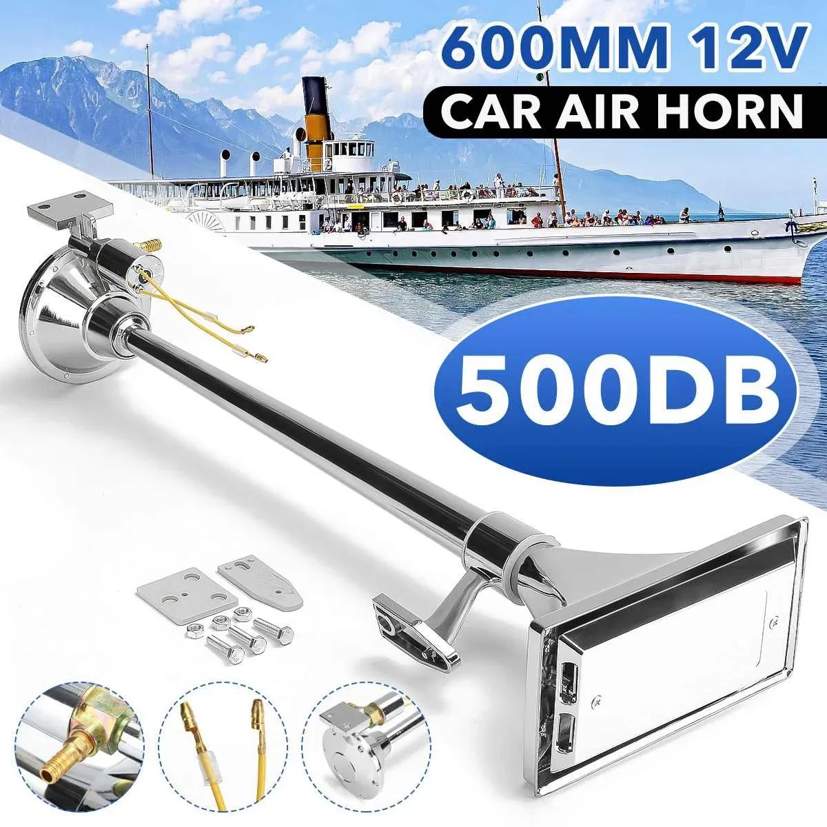 Universal 12V Single Long Tube Horn Train Car Truck Boat RV Trumpet 115 +/- 10Db 600mm for Car Trucks Boats