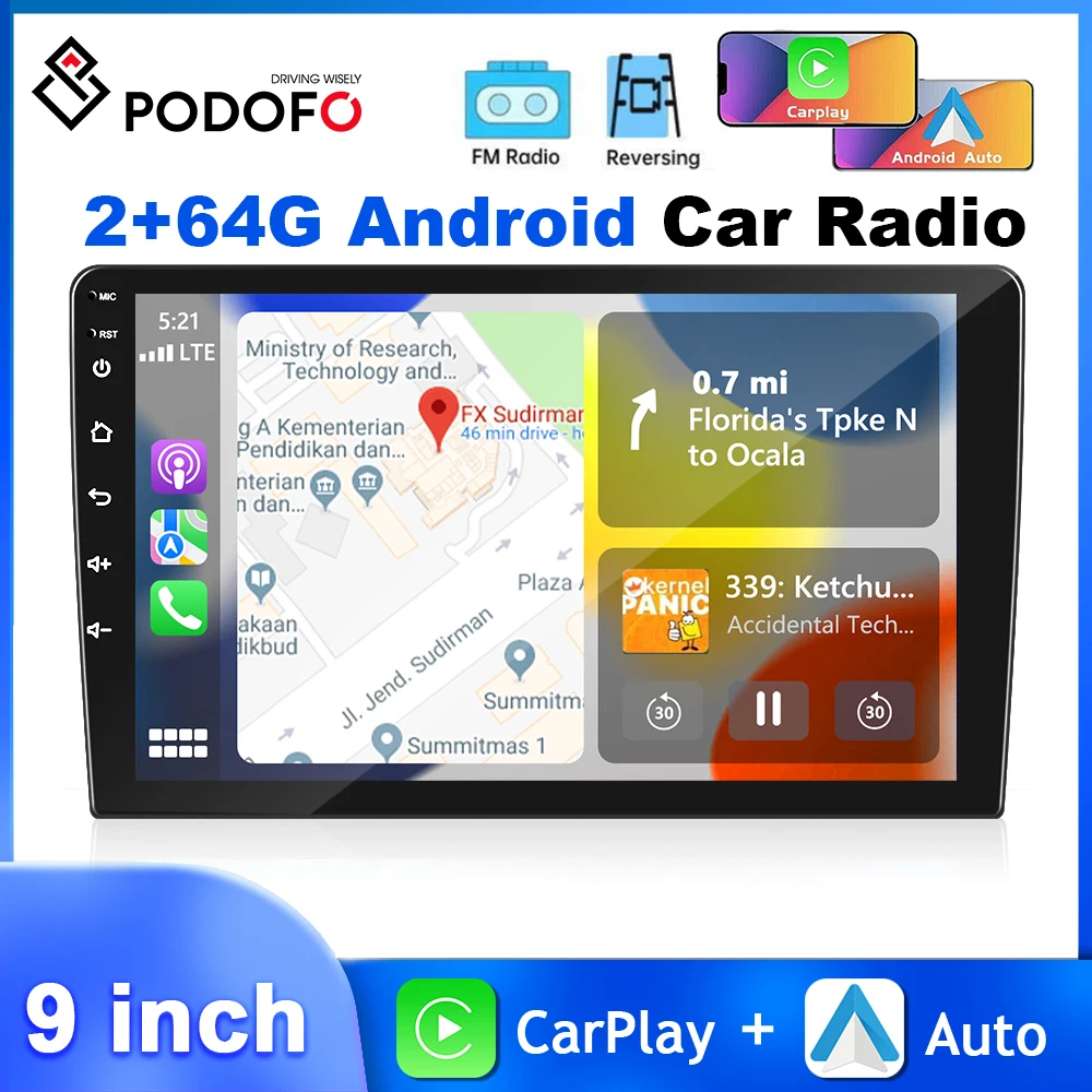 

Podofo 2+64G 9'' Car Radio Android Multimedia Player Carplay Android Auto WIFI Bluetooth GPS Navigation Hi-Fi FM Radio Car Audio