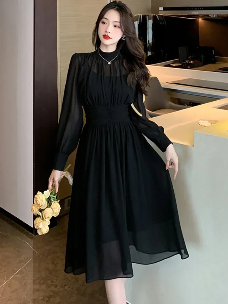 

Spring Summer Elegant Luxury Party Evening Dresses Women Korean Vintage Hepburn Dress 2025 Black Chiffon Long Sleeve Midi Dress