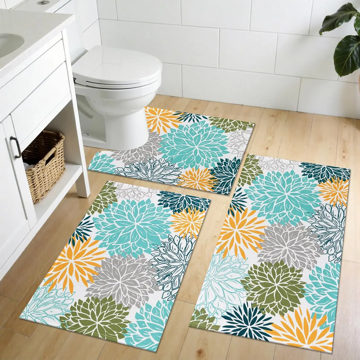 

3-Piece Non-Slip Bathroom Rug Set, Quick-Drying Floral Mats for Shower Tub Toilet, Teal 17x26+17x32+17x24