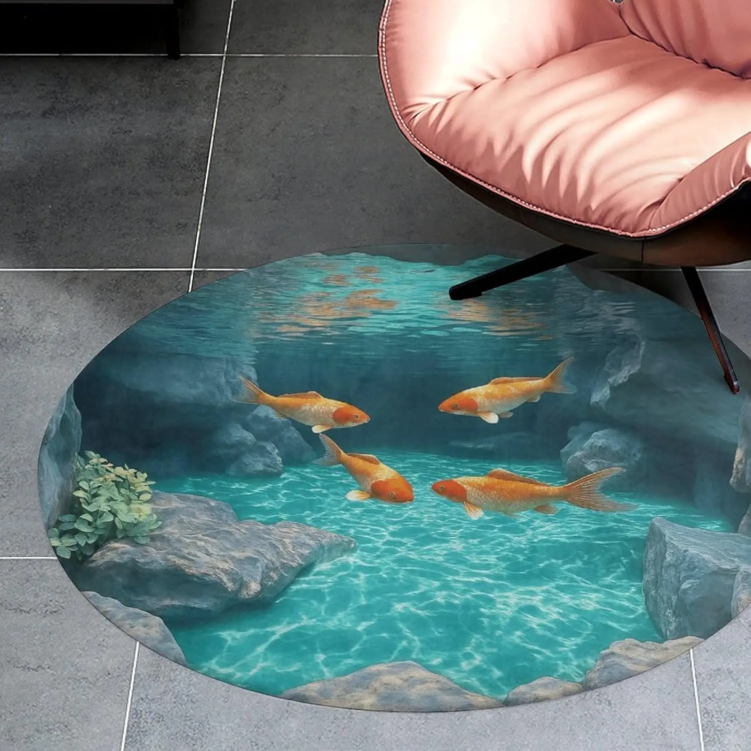 Round Waterproof Ocean Fish Mat Kids Play Rug Memory Foam Nursery Bathroom Area Decor Koi Aquarium Design