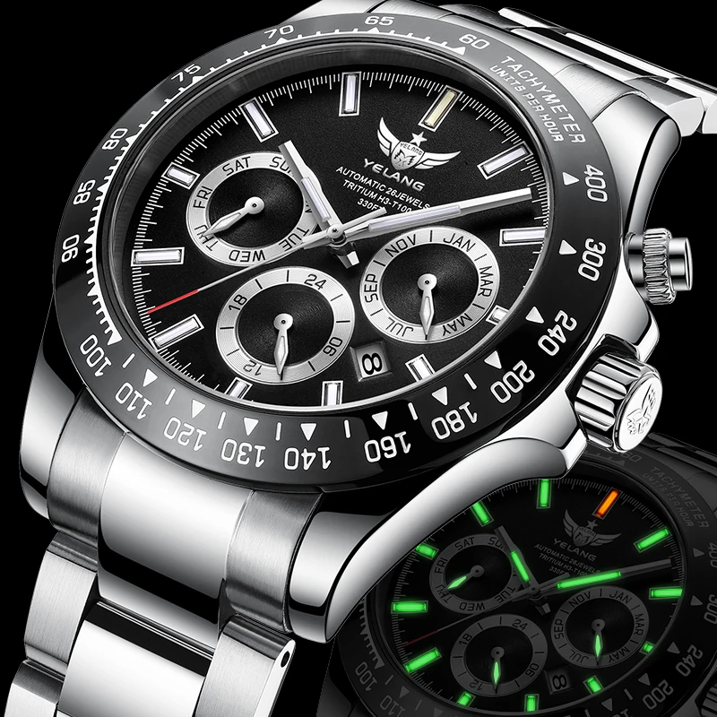 Yelang Men Sports Watch 42mm Panda Six Eyes Flying Probe Retro Luxury 9120 Fully Automatic Mechanical Sapphire 10Bar Luminous