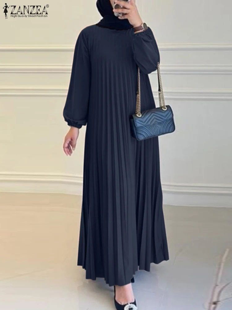 ZANZEA Autumn Robe Femme Casual Loose Dubai Abaya Vestido Vintage Long Sleeve Pleated Sundress Women Fashion Solid Muslim Dress