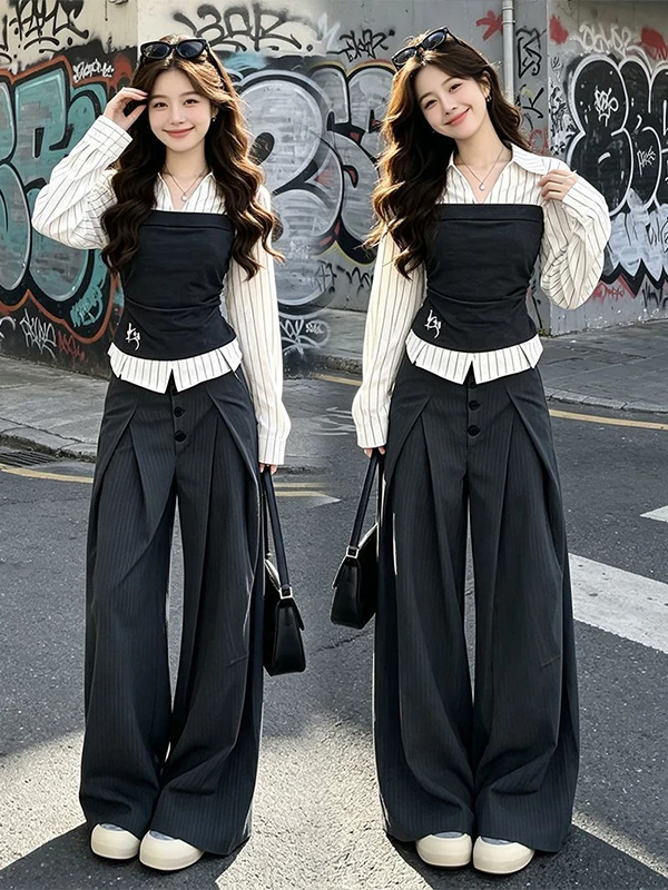 Intellectual Style Autumn Fashion Shirt And Wide Leg Pants Two Piece Set Casual Wear Fake Two Piece Office Suitable Women's O...