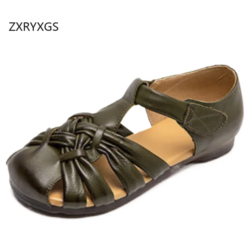 ZXRYXGS Promotion 2026 New Top Layer Cowhide Woven Roman Sandals Summer Round Toe Flat Sandals Fashion Versatile Women Sandals